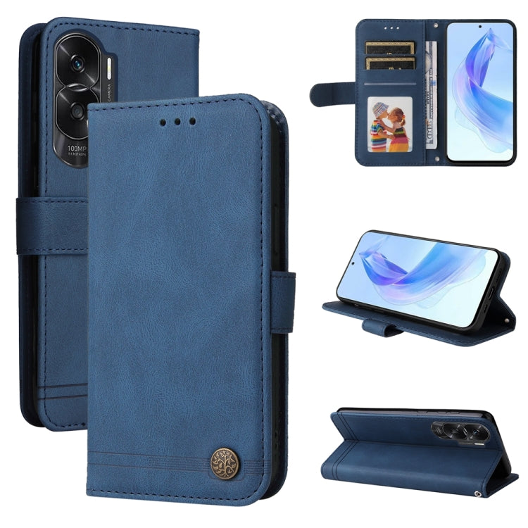 Blue leather phone case with card slots and kickstand for viewing