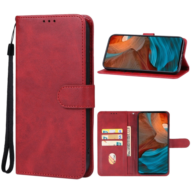Red leather flip phone case with side strap and cutouts