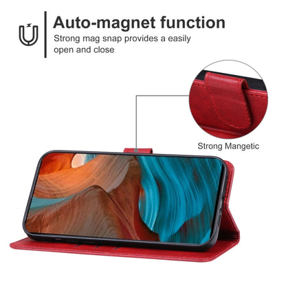 Red leather phone case with fold-out stand and magnetic closure