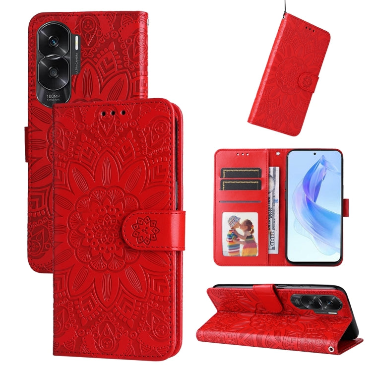 Red embossed sunflower leather folio phone case with card slots and stand