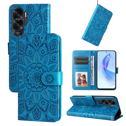 Blue embossed sunflower leather folio phone case with card slots and stand
