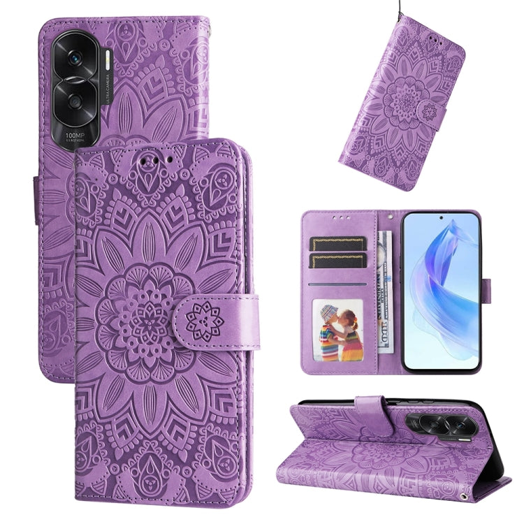 Purple embossed sunflower leather folio phone case with card slots and stand