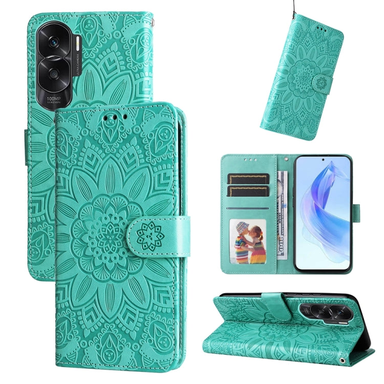 Green embossed sunflower leather folio phone case with card slots and stand