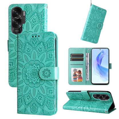 Green embossed sunflower leather folio phone case with card slots and stand