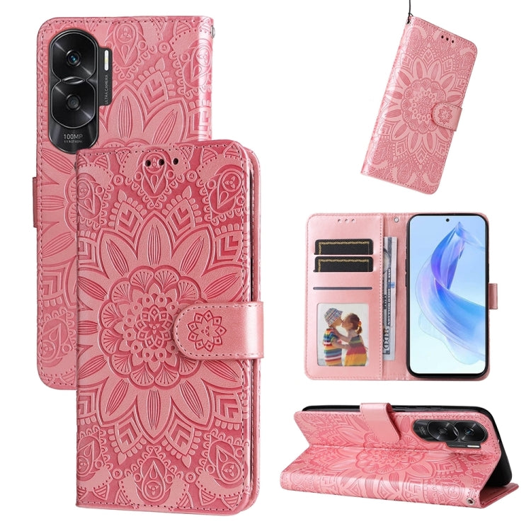 Rose embossed sunflower leather folio phone case with card slots and stand
