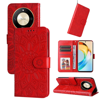 Red embossed sunflower leather wallet phone case with magnetic folio and card slots