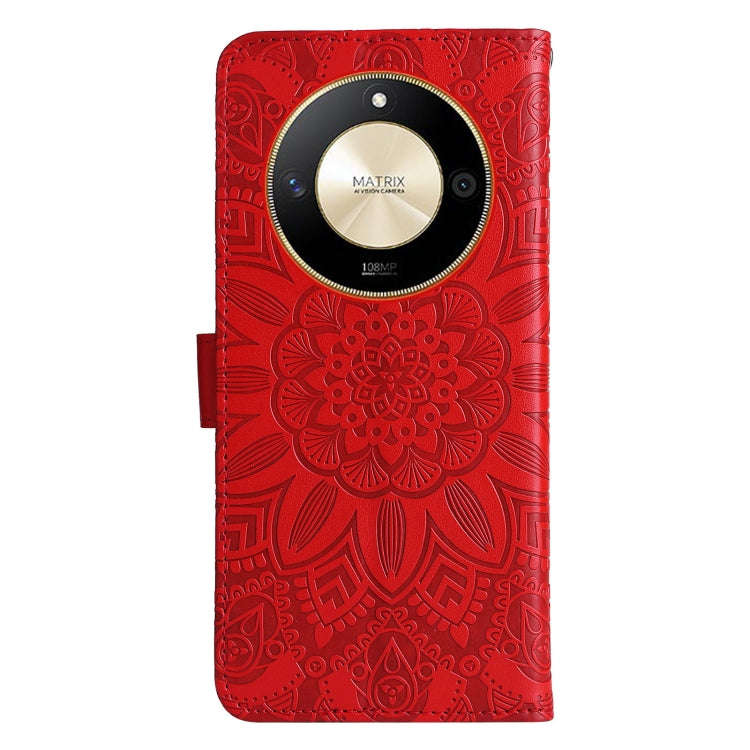 Red embossed sunflower leather phone case with camera cutout on back