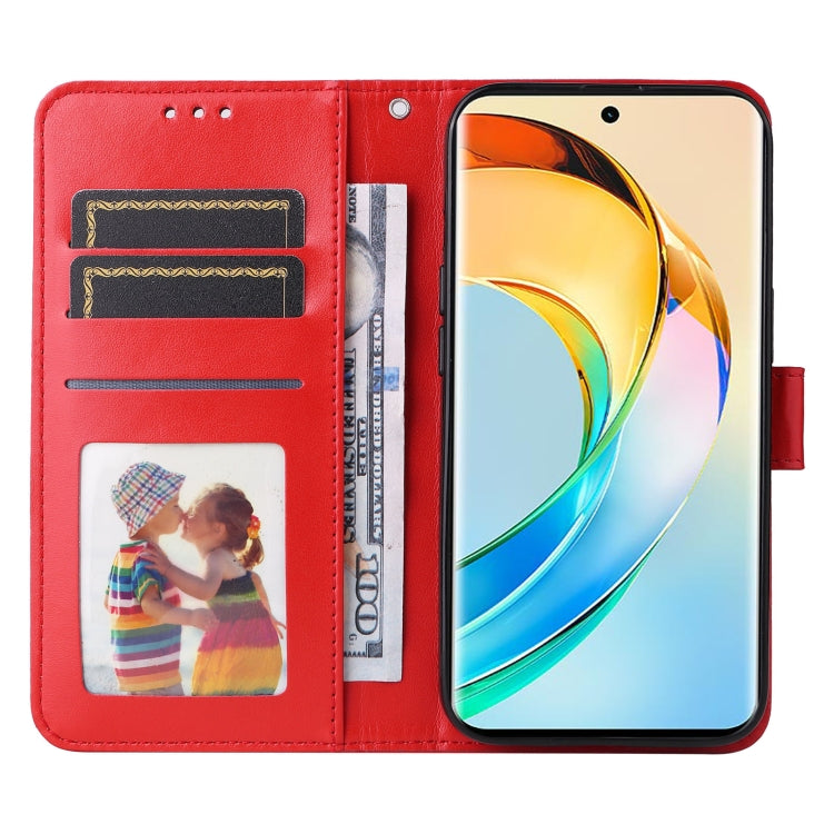 Red leather wallet phone case with embossed sunflower design, card slots, and photo pocket