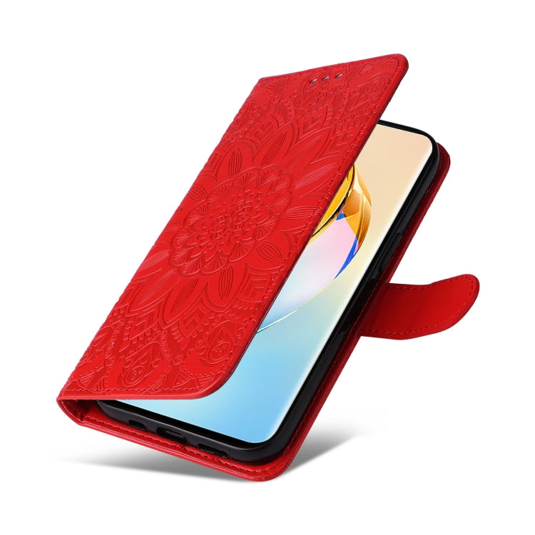 Red embossed sunflower leather wallet phone case with folio cover and magnetic snap