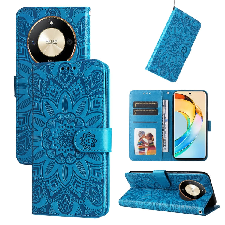 Blue embossed sunflower leather wallet phone case with card slots and magnetic folio