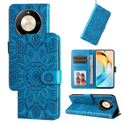 Blue embossed sunflower leather wallet phone case with card slots and magnetic folio