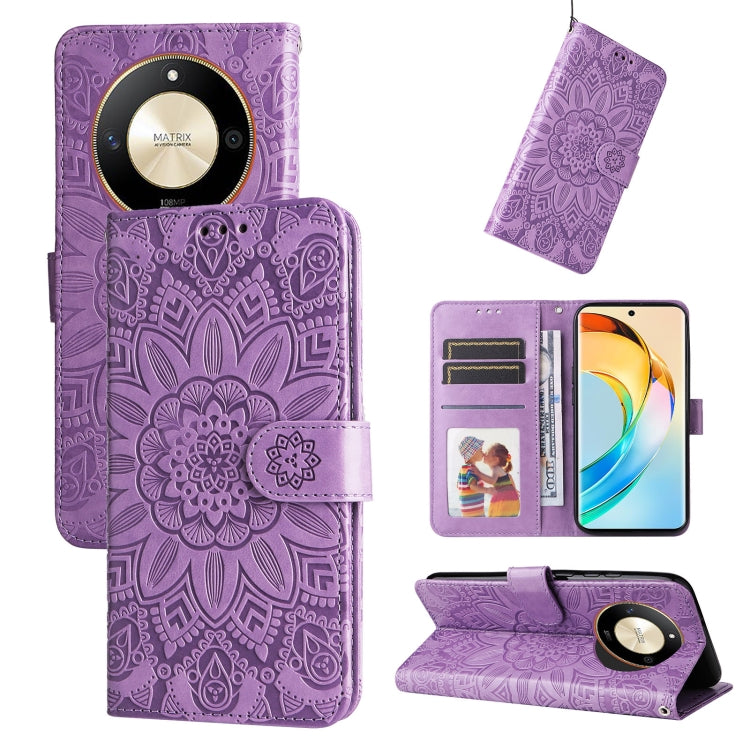 Purple embossed sunflower leather wallet phone case with card slots and magnetic folio