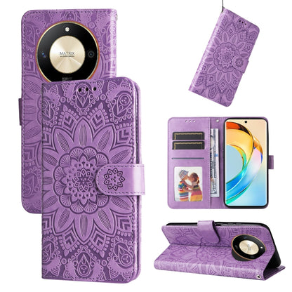 Purple embossed sunflower leather wallet phone case with card slots and magnetic folio
