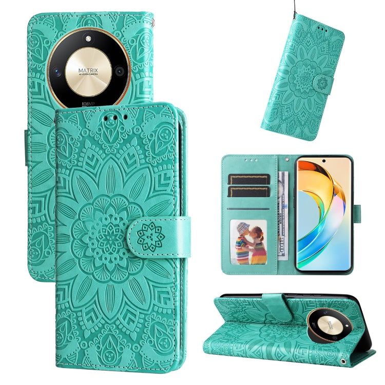 Green embossed sunflower leather wallet phone case with card slots and magnetic folio