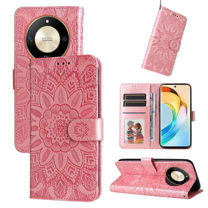 Rose pink embossed sunflower leather wallet phone case with magnetic folio and card slots