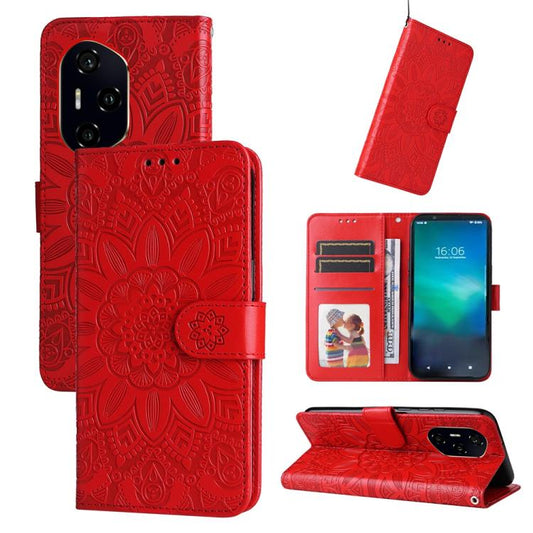 Red embossed sunflower leather phone case with wraparound cover and card slot design