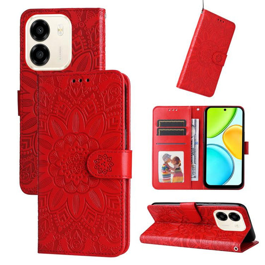 Red embossed sunflower phone wallet case with magnetic flap and card slots