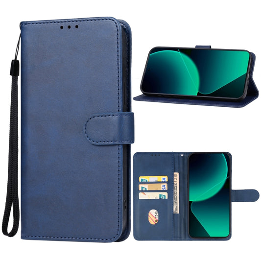 Blue leather phone wallet case with flip cover, card slots, and wrist strap
