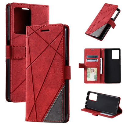 Red leather wallet phone case with geometric cross pattern, card slots, and flip cover