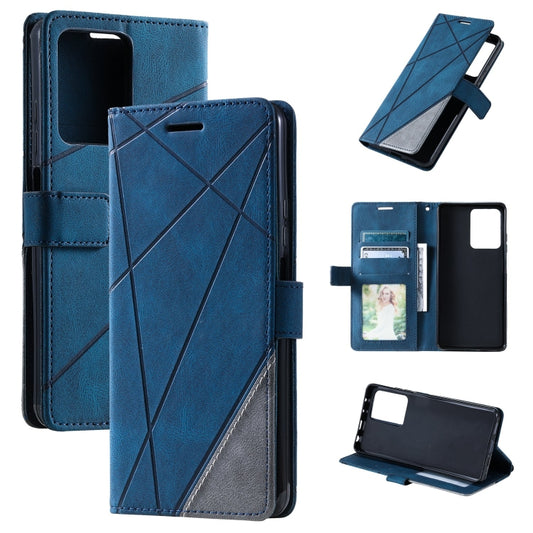 Blue leather folio phone case with diagonal splicing pattern and card/photo pocket