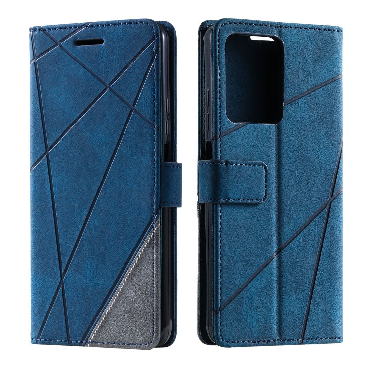 Blue leather folio phone case with diagonal front panel and flip cover strap