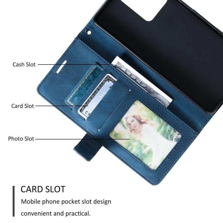 Blue leather phone wallet case with cash, card, and photo slots