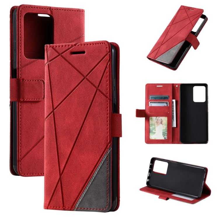 Red leather folio phone case with diagonal splicing pattern and card/photo pocket