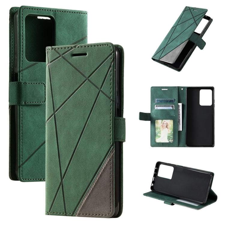 Green leather folio phone case with diagonal splicing pattern and card/photo pocket