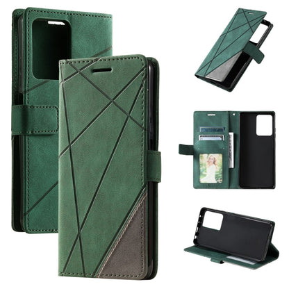 Green leather folio phone case with diagonal splicing pattern and card/photo pocket