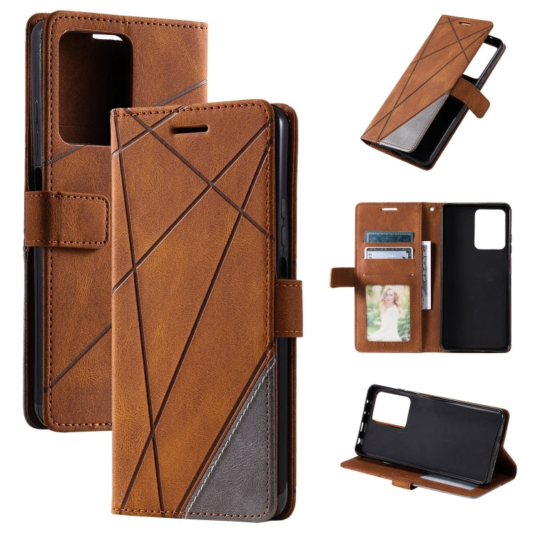 Brown leather folio phone case with diagonal splicing pattern and card/photo pocket