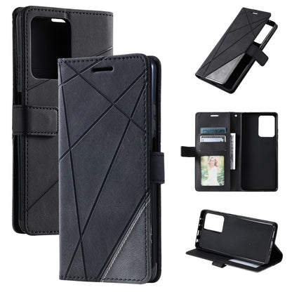 Black leather wallet phone case with geometric cross pattern and flip cover