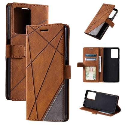 Brown leather wallet phone case with geometric cross pattern and flip cover