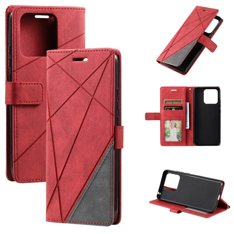 Red leather wallet phone case with diagonal cross stitching and magnetic stand cover