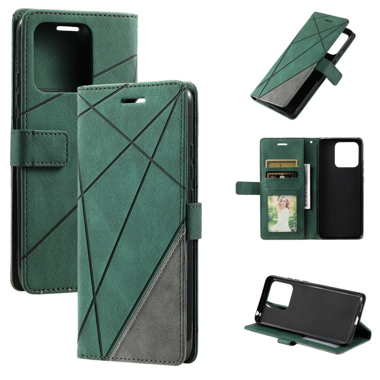 Green leather wallet phone case with diagonal cross stitching and magnetic stand cover