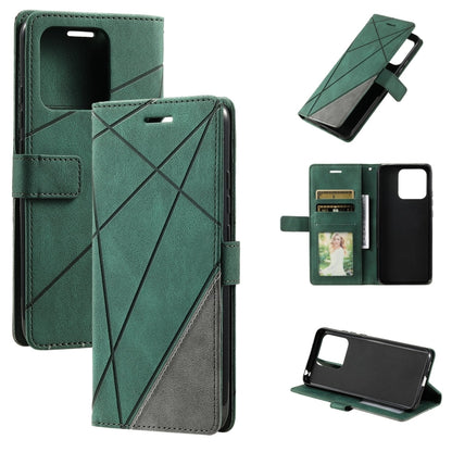 Green leather wallet phone case with diagonal cross stitching and magnetic stand cover