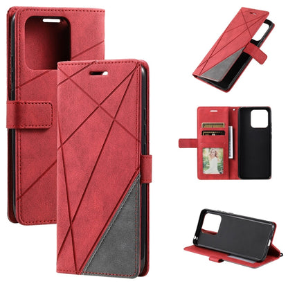 Red splicing leather phone case with geometric X design and card slots
