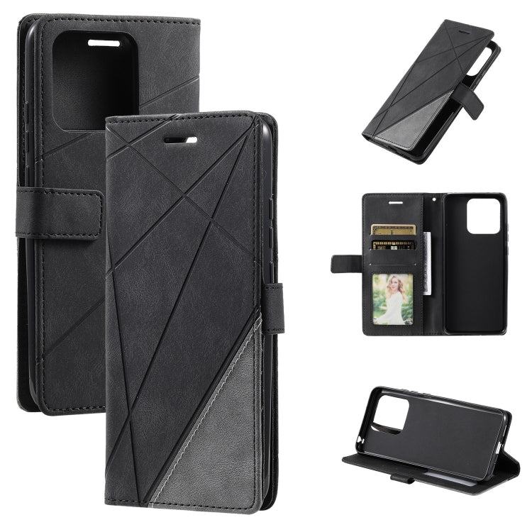 Dark gray splicing leather phone case with geometric X design and card slots