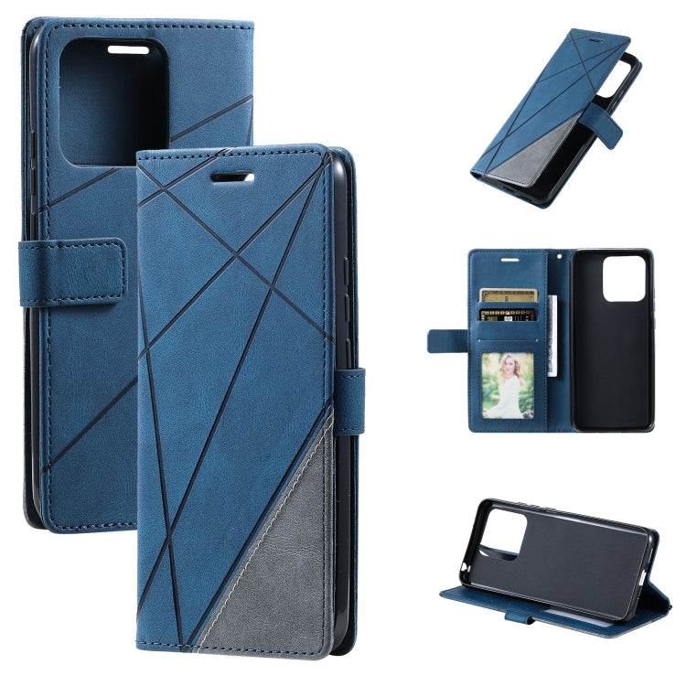 Blue leather wallet phone case with diagonal cross stitching and magnetic stand cover