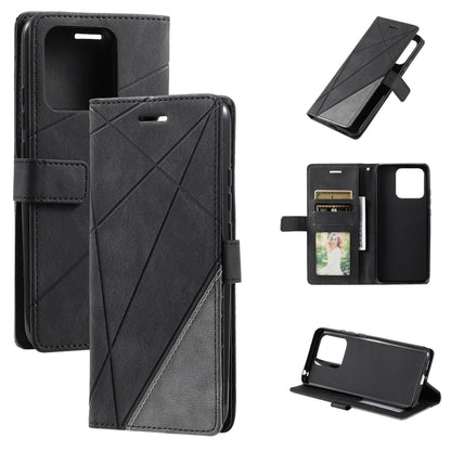 Black leather wallet phone case with diagonal cross stitching and magnetic stand cover
