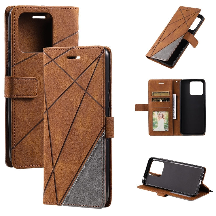 Brown leather wallet phone case with diagonal cross stitching and magnetic stand cover