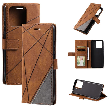 Brown leather wallet phone case with diagonal cross stitching and magnetic stand cover
