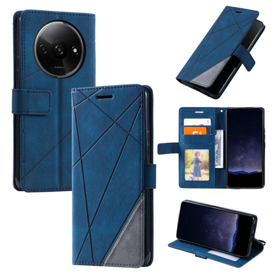 Blue leather phone case with diagonal stitching and circular camera cutout, flip cover closed