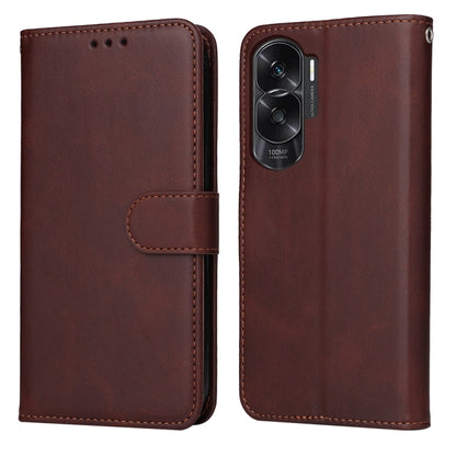 Brown calf-texture flip leather phone case with side strap and camera cutout