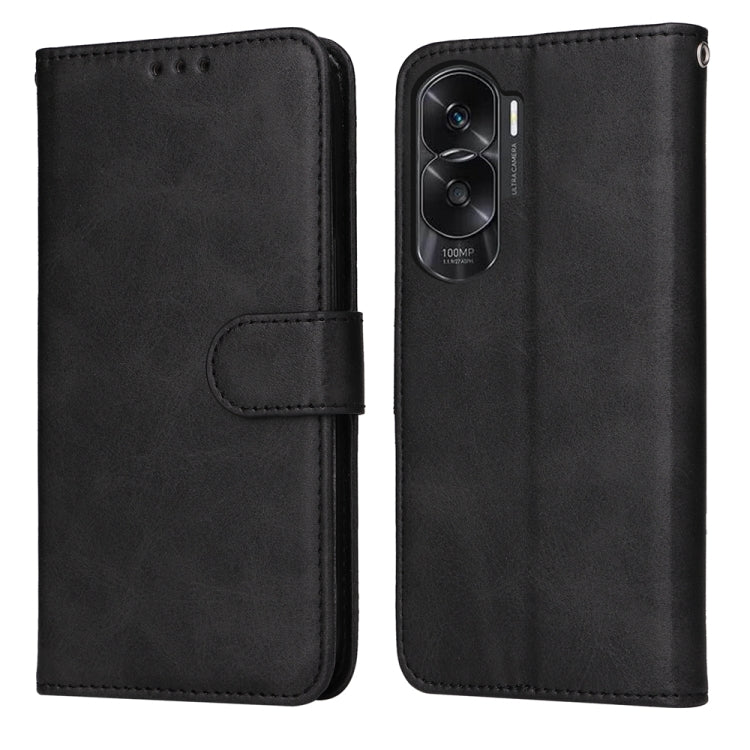 Black calf-texture flip leather phone case with side strap and camera cutout