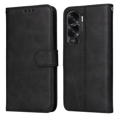 Black calf-texture flip leather phone case with side strap and camera cutout