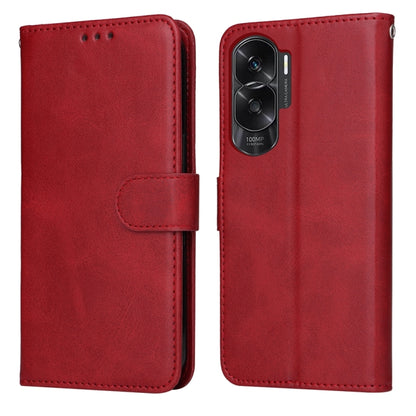 Red calf-texture flip leather phone case with side strap and camera cutout
