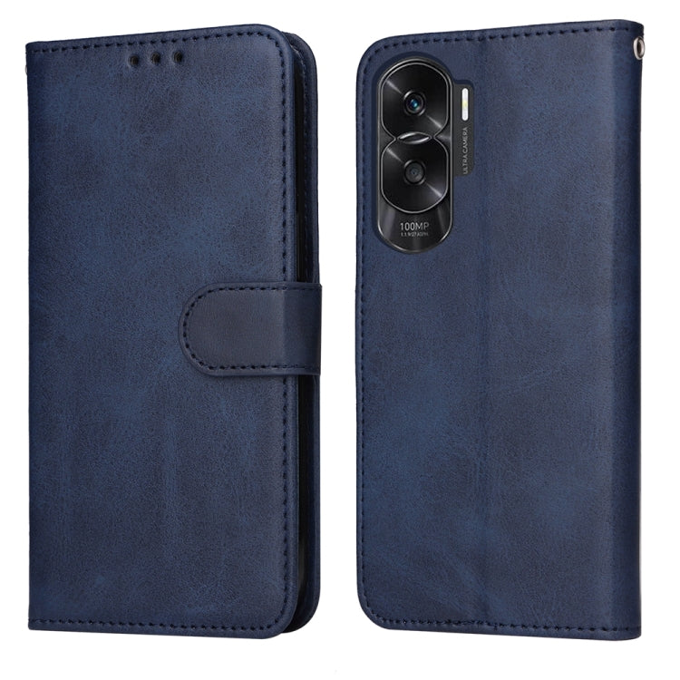 Blue calf-texture flip leather phone case with side strap and camera cutout
