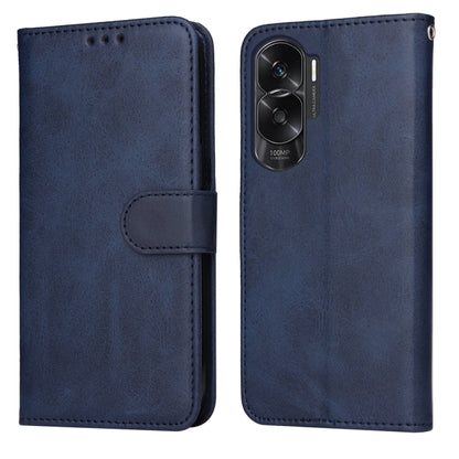 Blue calf-texture flip leather phone case with side strap and camera cutout