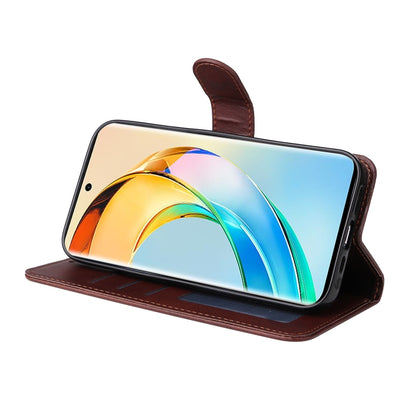 Brown flip leather phone case with front cover folded for viewing