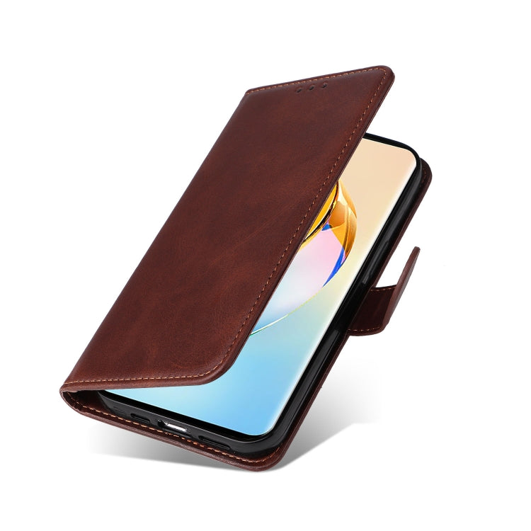 Brown flip leather phone case folded open, showing phone screen cutout
